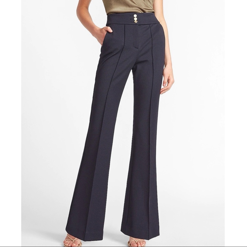 Express High Rise Button Flare Pants (Navy)